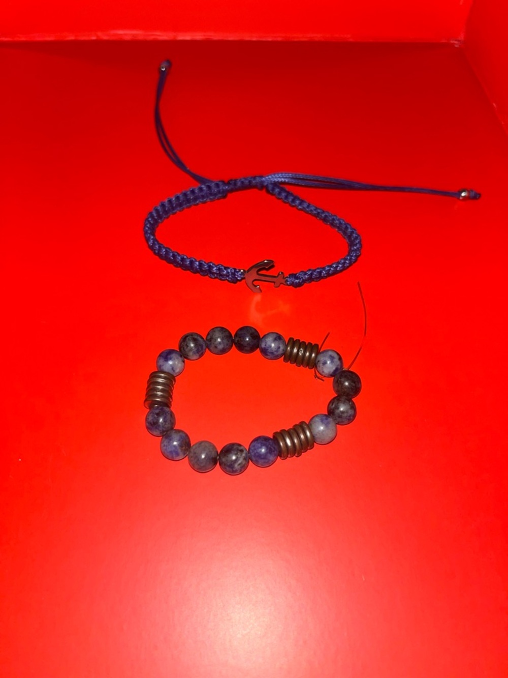 Navy Braided Anchor Bracelet and Blue Beaded Stretch Bracelet